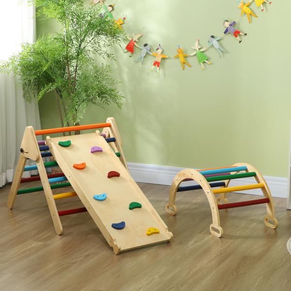 Triângulo de Escalada de Madeira 5 em 1 Escada para Crianças de 18 - 48 Meses com Rampa e Arco de Escalada 178x64,5x63 cm Multicor