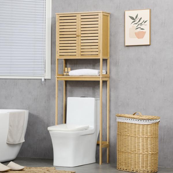 kleanklin Móvel de Bambú sobre Sanita Armário Alto para Casa de Banho com 2 Portas 1 Prateleira Interior e 1 Prateleira de Armazenamento 60x23x173cm Natural