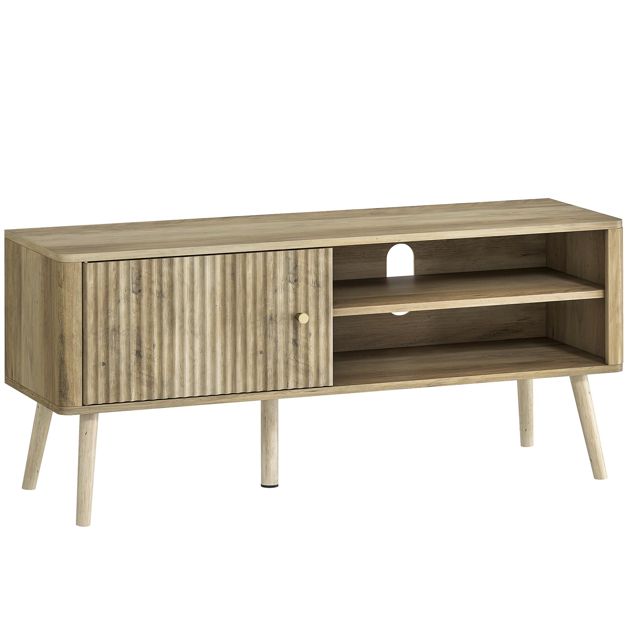 Móvel de TV para Televisão até 55 Polegadas com Porta Acanalada Prateleira Ajustável Compartimentos Abertos 115x35x49 cm Carvalho