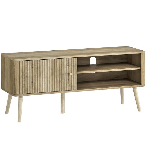 Móvel de TV para Televisão até 55 Polegadas com Porta Acanalada Prateleira Ajustável Compartimentos Abertos 115x35x49 cm Carvalho