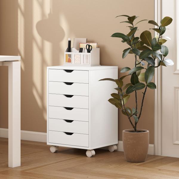 Bloco de Gavetas Móvel Arquivador com 6 Gavetas Suporte para Impressora com Rodas 40x35x63 cm Branco