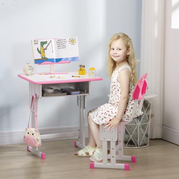 Conjunto de Secretária e Cadeira para Crianças com Altura Ajustável 1 Gaveta e 1 Prateleira para Livros 60x45x90 - 120 cm Rosa