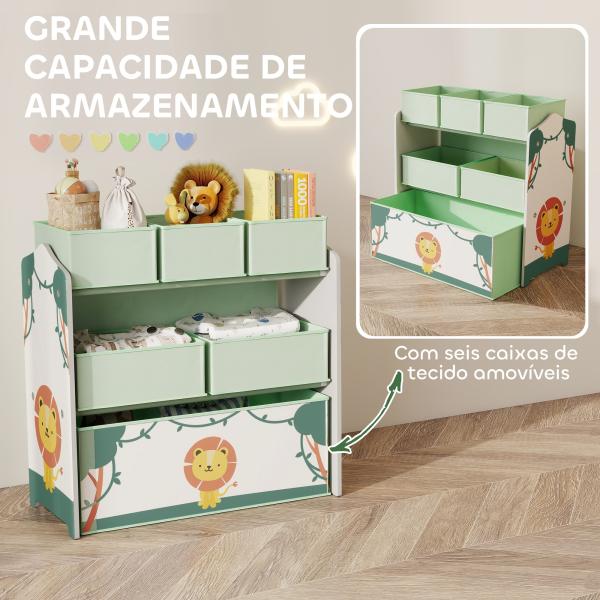 Estante Infantil para Brinquedos com 6 Caixas em Tecido Não Tecido Organizador de Brinquedos de 3 Níveis 63x30x66 cm Verde