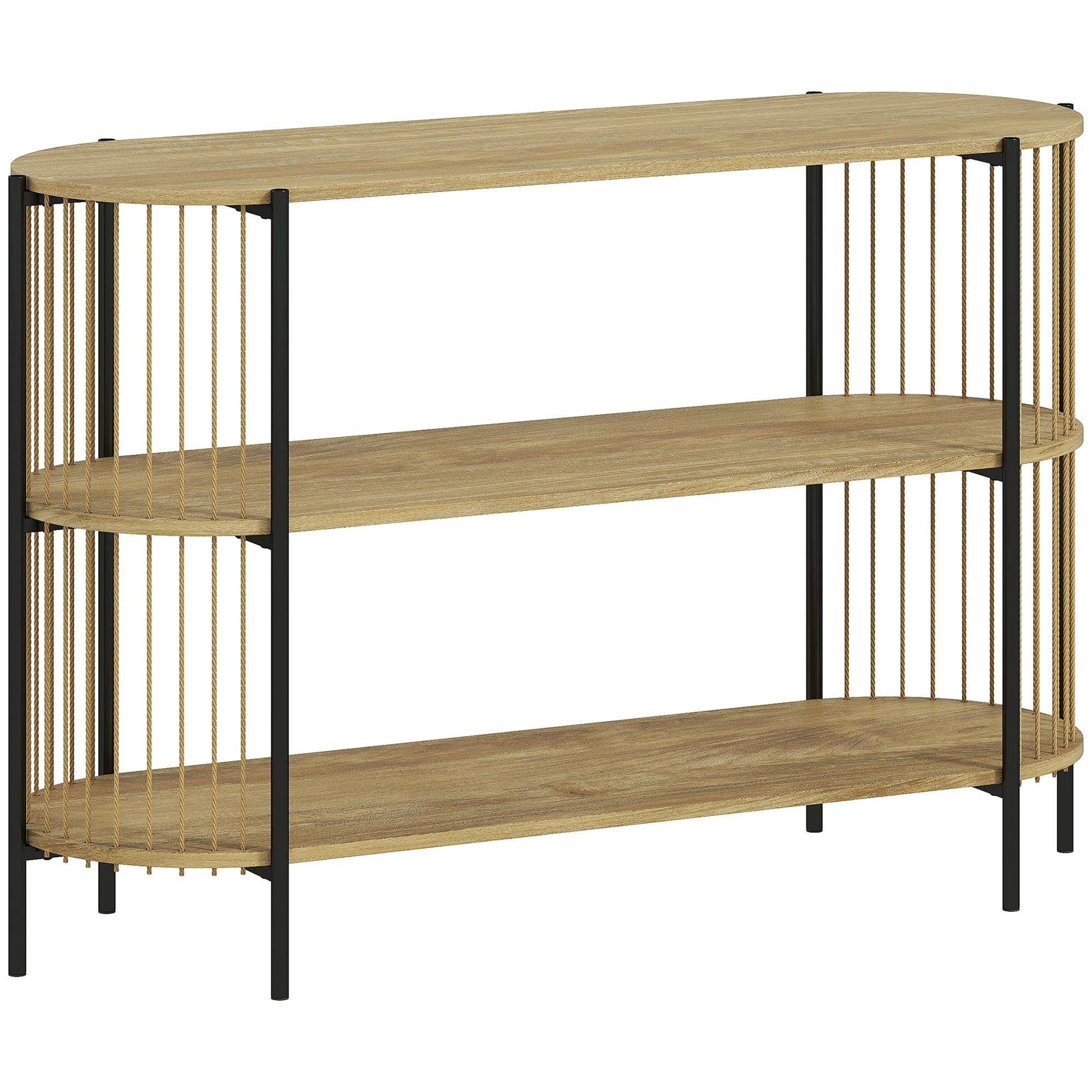 Mesa Consola com Corda de Papel Trançada à Mão Consola de Entrada de 3 Níveis com Estrutura de Aço Estilo Boémio 124x43,5x80 cm Madeira