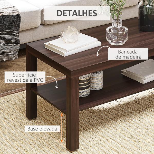 Mesa de Centro Mesa Auxiliar de 2 Níveis para Sala de Estar Escritório 90x45x45,5cm Nogueira
