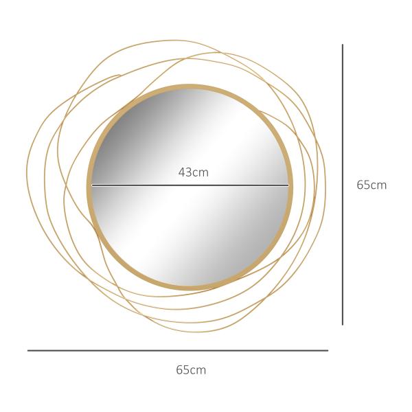 Espelho Decorativo de Parede Adorno de Parede Metálico Ø65 cm com Ganchos para Sala de Estar Quarto Corredor Dourado