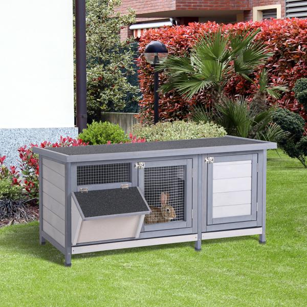 Coelheira de Madeira Gaiola para Coelhos com Telhado Asfáltico Rebatível Portas com Fecho Bandejas Removíveis 112x50x54 cm Cinzento