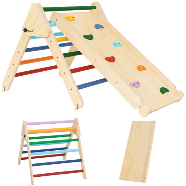 Triângulo de Escalada de Madeira 2 em 1 Escalada para Crianças de 18 - 48 Meses com Rampa para Deslizar ou Escalar 147x64,5x63 cm Multicor