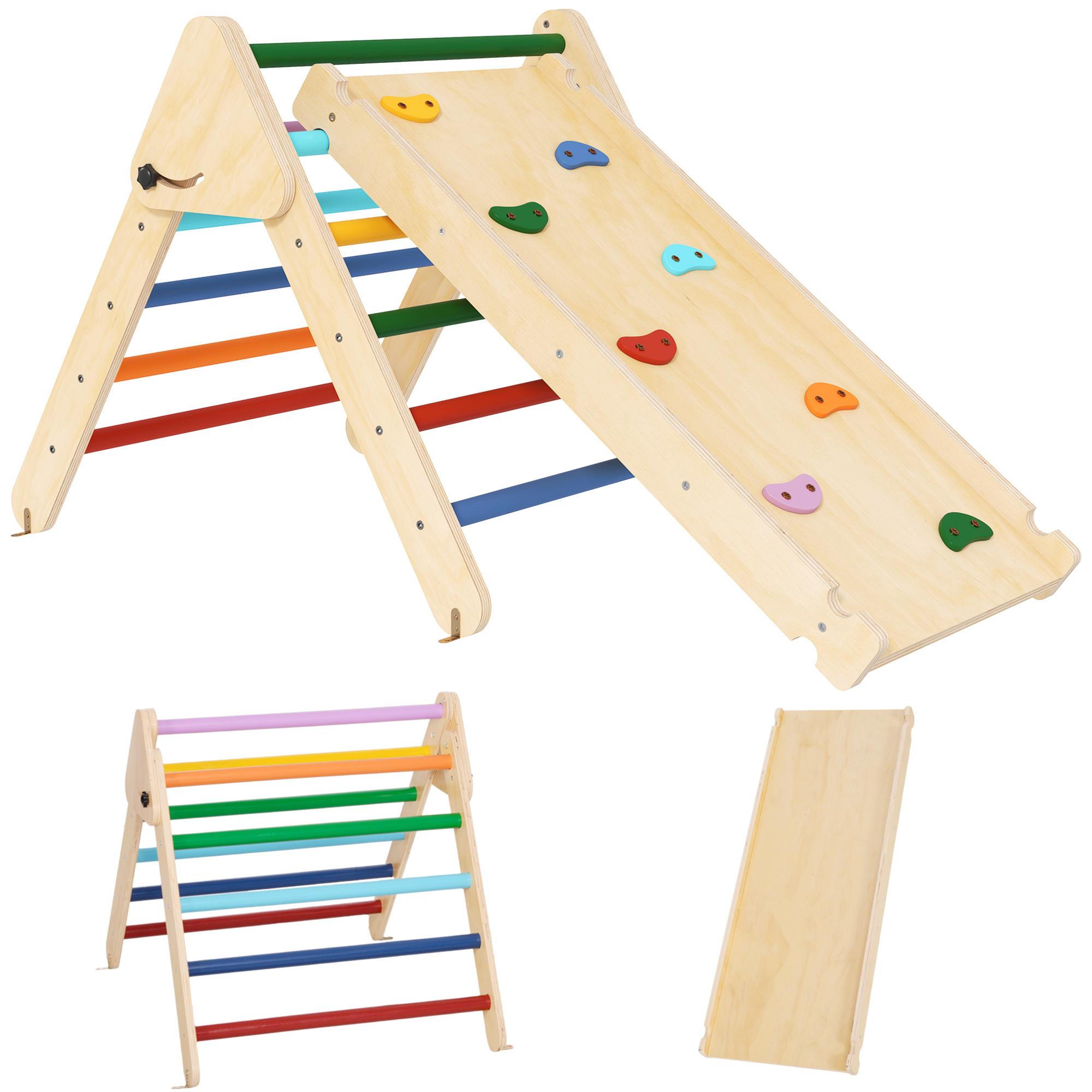 Triângulo de Escalada de Madeira 2 em 1 Escalada para Crianças de 18 - 48 Meses com Rampa para Deslizar ou Escalar 147x64,5x63 cm Multicor