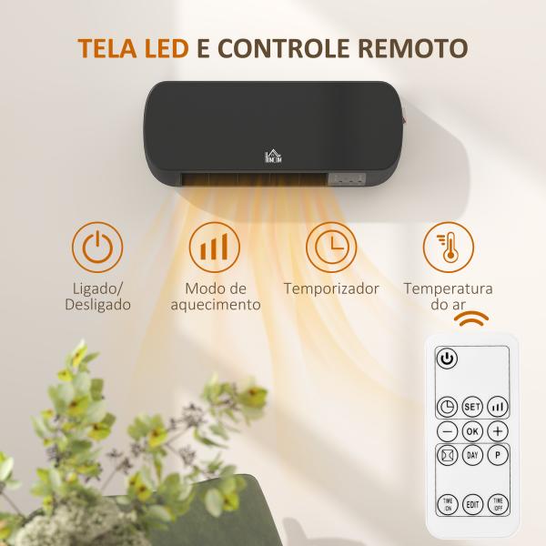 Aquecedor Cerâmico de Parede 1000W/2000W com Controle Remoto 3 Modos de Aquecimento Temporizador de 12h Termostato e Proteção contra Superaquecimento 45x18,6x11,5 cm Preto