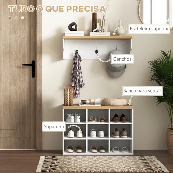 Móvel Cabide de Entrada com Banco Sapateira 2 em 1 Móveis de Entrada com 3 Ganchos 75x30x50 cm e 75x20x22,5 cm Branco