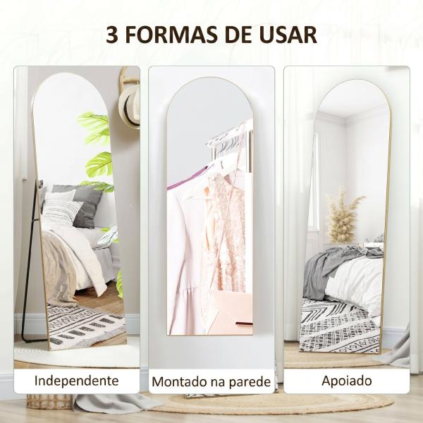 Espelho de Pé de Corpo Inteiro Arqueado 150x50 cm Independente Apoiável e de Parede Sem Moldura Dourado