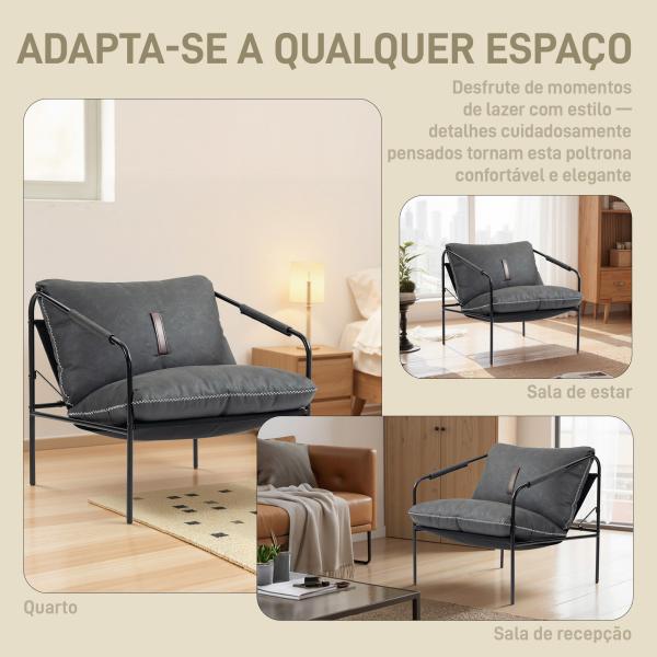 Poltrona Moderna Poltrona de Leitura Estofada em Couro Sintético Capas de Almofadas Removíveis 74,5x75x77 cm Cinza Carvão