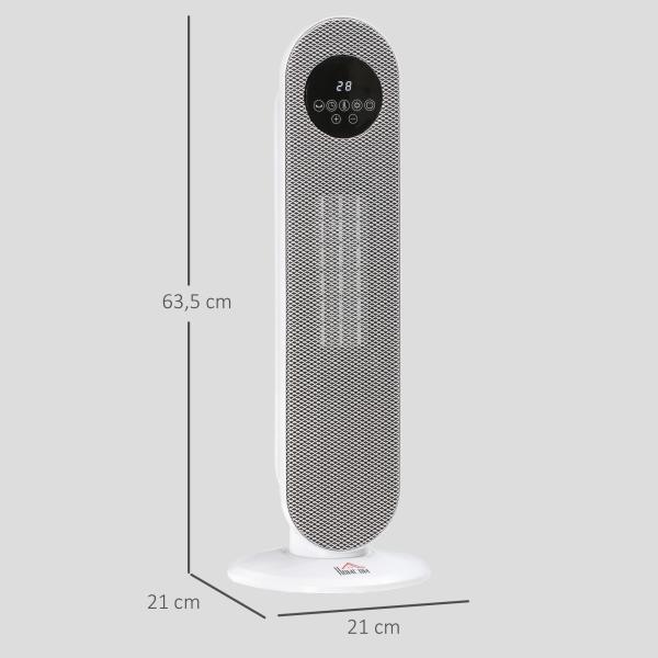 Aquecedor Elétrico Cerâmico PTC 1300/2000 W com Controlo Remoto, Oscilação 45°, Temporizador 12 h, Branco
