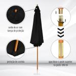 Chapéu de Sol de Jardim Ø300x250cm com Sistema de Polia Teto Ventilado e Mastro Desmontável de Madeira para Terraço Pátio Exterior Preto