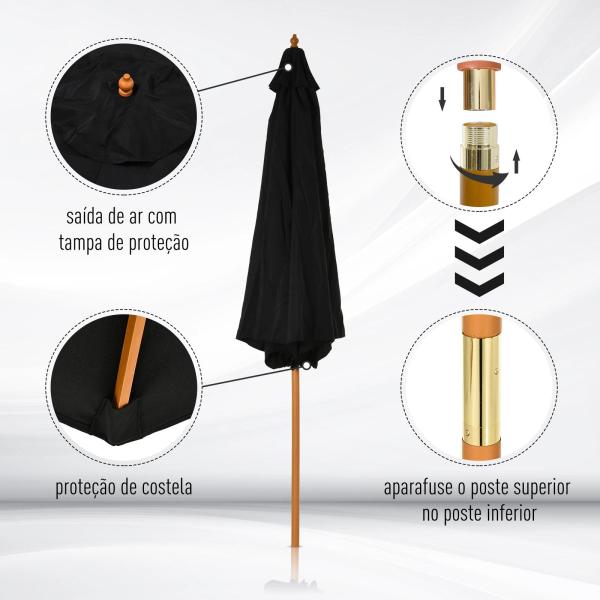 Chapéu de Sol de Jardim Ø300x250cm com Sistema de Polia Teto Ventilado e Mastro Desmontável de Madeira para Terraço Pátio Exterior Preto