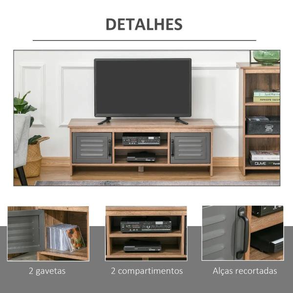 Armário de TV para televisores de 42"com 2 compartimentos fechados com portas de metal e 2 estantes 109x35x38 cm Madeira natural e cinza