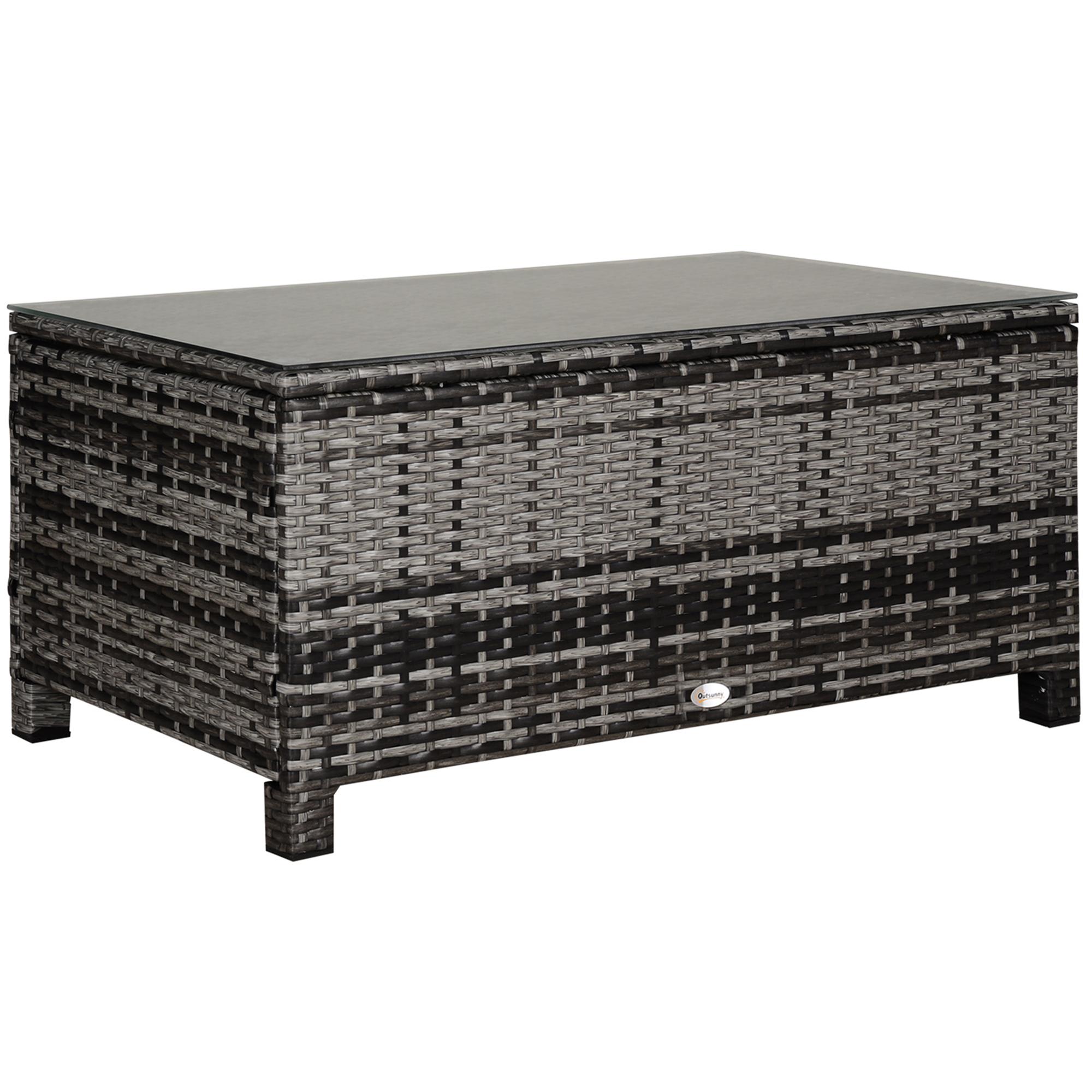 Mesa de Jardim em Vime Sintético Mesa Auxiliar com Vidro Temperado para Terraço Pátio, Varanda 85x50x39 cm Cinzento