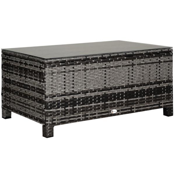 Mesa de Jardim em Vime Sintético Mesa Auxiliar com Vidro Temperado para Terraço Pátio, Varanda 85x50x39 cm Cinzento