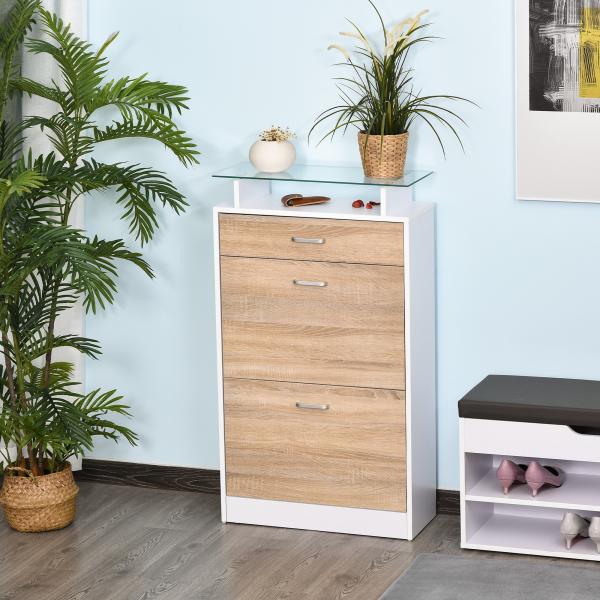 Sapateira de 2 Portas Sapateira Estreito para 12 Pares de Sapatos com Gaveta e Bancada de Vidro 60x24x105,5cm Branco