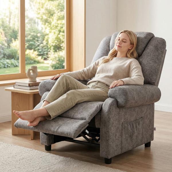 Poltrona Relax Reclinável com Apoio para os Pés Retrátil Encosto Alto Bolso Lateral Acolchoado Grosso 88x91x108 cm Cinzento