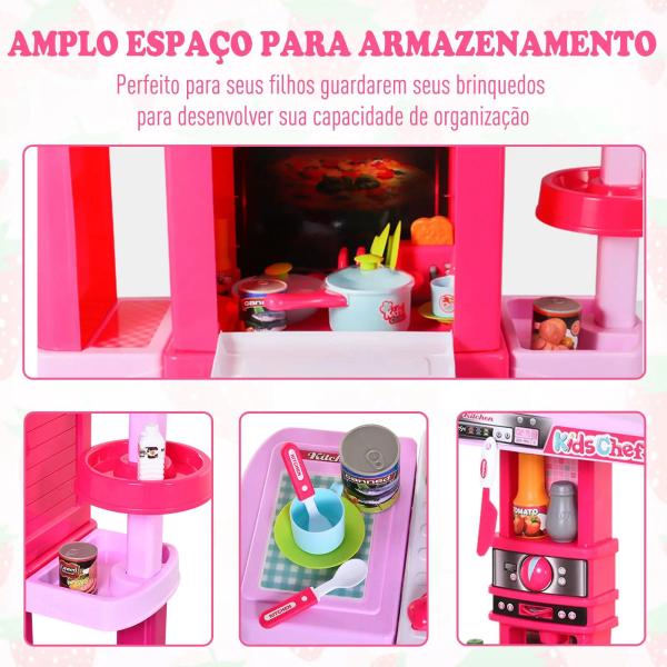 Cozinha para Crianças acima de 3 Anos Cozinha Infantil com 38 Acessórios Luz Som 78x29x87 cm Rosa