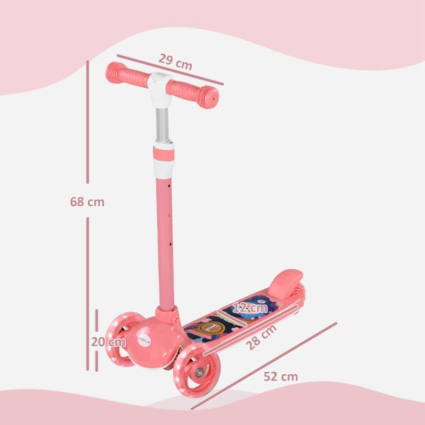Trotinete para Crianças Trotinete com 3 Rodas LED Altura Ajustável Carga 25 kg 52x29x63 - 76 cm Rosa