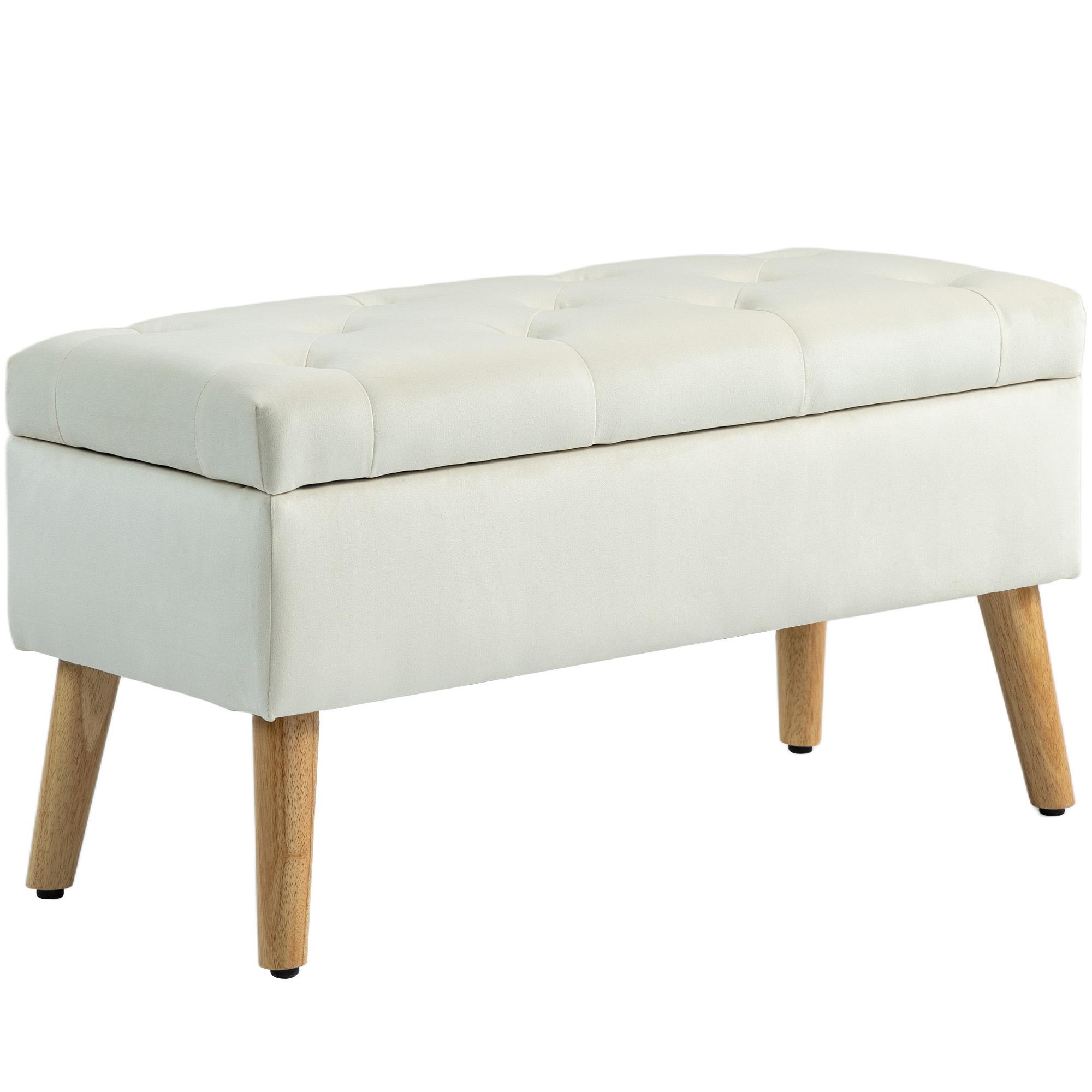 Pufe de Arrumação em Veludo com Tampa e Pés de Madeira para Sala, Quarto ou Entrada, 80x35x42 cm, Creme