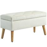 Pufe de Arrumação em Veludo com Tampa e Pés de Madeira para Sala, Quarto ou Entrada, 80x35x42 cm, Creme