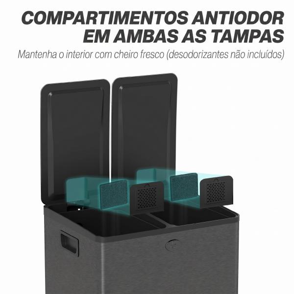 Papeleira de Cozinha em Aço Inoxidável com 2 Compartimentos 2x20L Pedal, Tampas de Fecho Suave e Balde Removível Preto