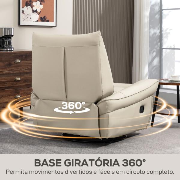 Poltrona Relax Reclinável Manual Giratória Função Baloiço Estofada em PU Reclinável até 135º 97x94x98 cm Creme