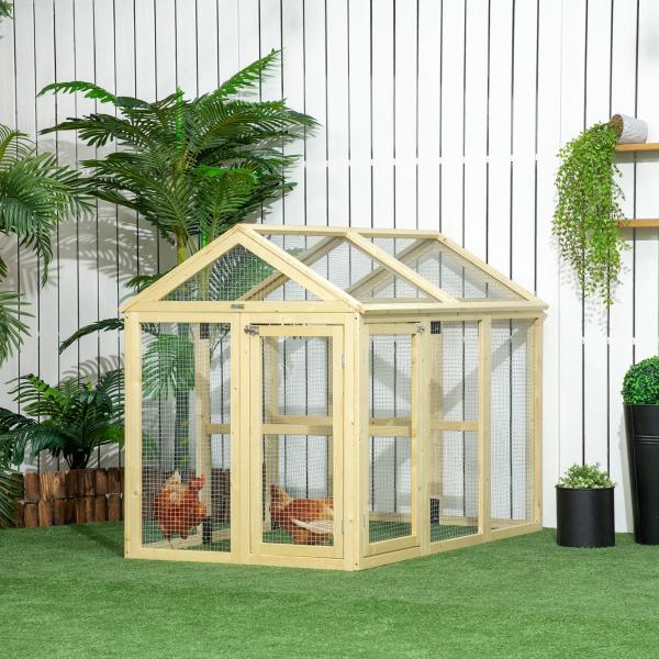 Galinheiro para Exterior 140x88,5x106 cm para 1 - 3 Galinhas com Estrutura de Madeira e 2 Portas com Fechadura Madeira Clara