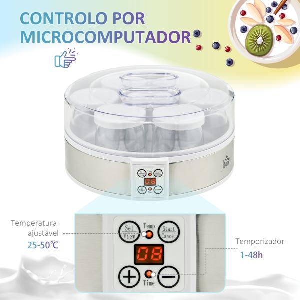 Iogurteira 20W Capacidade 1,26L com 7 Frascos de Cristal de 180 ml Termóstato Ajustável Temporizador de 1 - 48 horas 24x24x13 cm Branco
