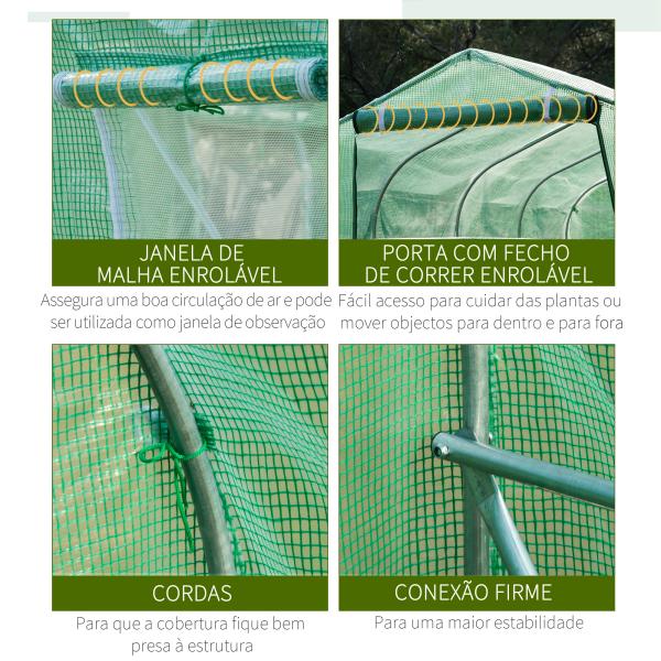 Estufa tipo Túnel 4x2x2 m Estufa de Exterior com 8 Janelas de Malha e Porta Estufa de Cultivos para Pátio Jardim Verde