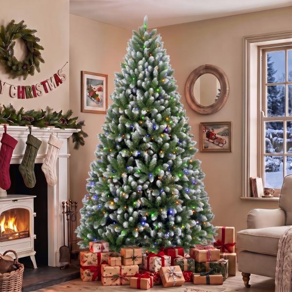 Árvore de Natal 220 cm com 400 Luzes LED, 11 Modos, Telecomando, 1378 Pontas e Base Metálica Dobrável, Verde