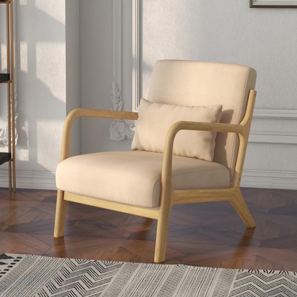Poltrona Sala de Estar Nórdica Acolchoada com Apoio para os Braços e Estrutura de Madeira de Borracha 61x78x76 cm Bege