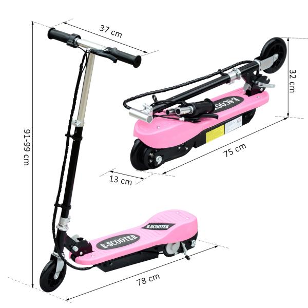 Trotinete Elétrica Dobrável para Crianças e Adolescentes acima de 7 Anos Velocidade de 10km/h Trotinete Elétrica com Guiador Ajustável e Freios Carga Máxima 50kg 78x37x89 - 95cm Rosa