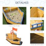 Caixa de Areia Infantil de Madeira Desenho de Galeão com Assento 2 Degraus Bandeira Vermelha e Leme Caixa de Areia de Jardim para Crianças acima de 3 Anos 158x78x45,5cm Natural