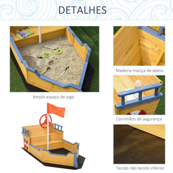 Caixa de Areia Infantil de Madeira Desenho de Galeão com Assento 2 Degraus Bandeira Vermelha e Leme Caixa de Areia de Jardim para Crianças acima de 3 Anos 158x78x45,5cm Natural