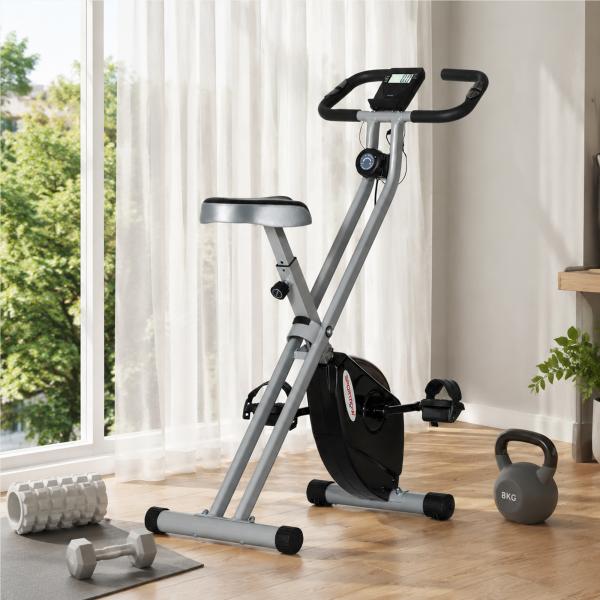 Bicicleta Estática Dobrável Silenciosa com 8 Níveis de Resistência, Monitor LCD, Assento Ajustável e Rodas, Cinzento