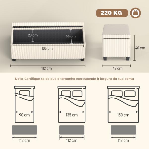 Banco de Arrumação Capacidade de 84 L Estofado em Veludo Banco Pé de Cama para Dormitório 112x42x40 cm Bege