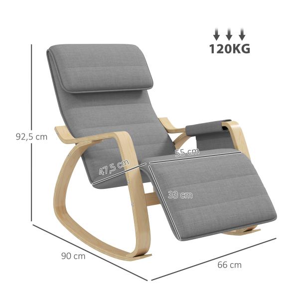 Cadeira de Baloiço com Apoio para os Pés Ajustável em 5 Posições, Bolso Lateral, Apoios de Braços em Madeira e Apoio de Cabeça, Cinzento
