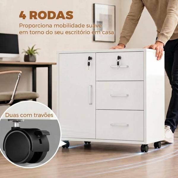 Móvel para Impressora com Rodas, Mesa com Porta e 3 Gavetas, Fechaduras, Prateleira Ajustável, Branco
