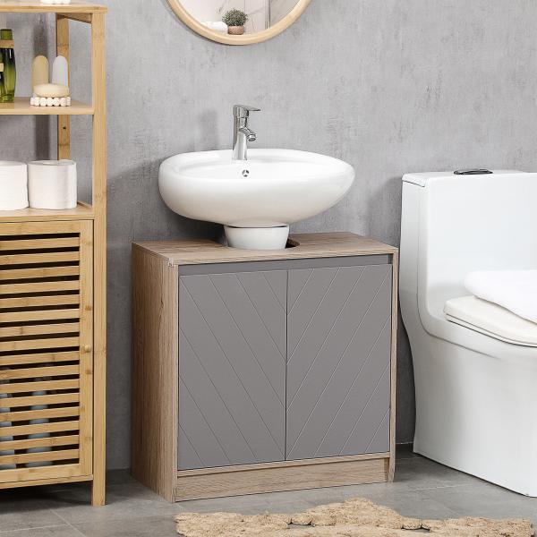 Móvel para Lavatório Casa de Banho com Porta Dupla e Prateleira Ajustável Carga 50kg 60x30x59,8 cm Carvalho e Cinza