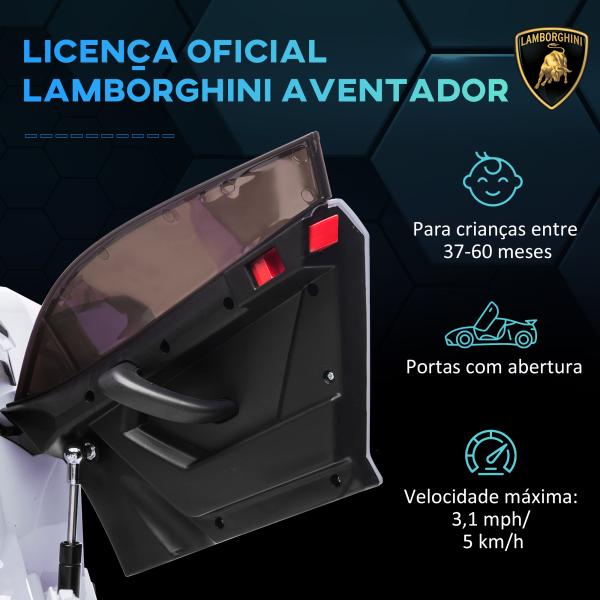 Carro Elétrico Lamborghini para Crianças 12V Velocidade Máxima 5km/h Controlo Remoto MP3 Luzes e Cinto de Segurança 107,5x63x42 cm Branco