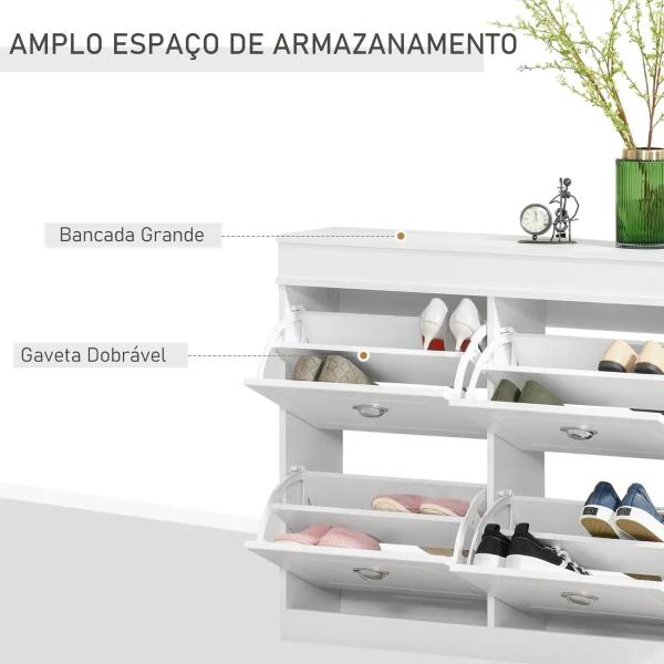 Móvel Sapateira de 4 Portas Estreita com Prateleiras Ajustáveis e Removíveis Capacidade de 16 Pares para Corredor Entrada 98x24x83cm Branco