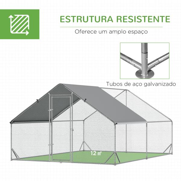 Galinheiro de Exterior Grande 3x4x2m Gaiola para 8 - 12 Galinhas de Aço Galvanizado com Teto de PE e Fechadura para Coelhos Prata