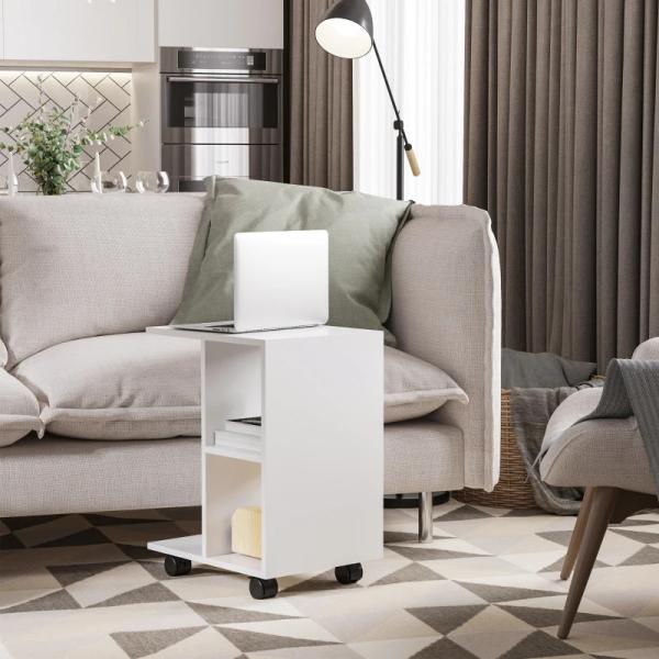 Mesa Auxiliar Moderna Mesa Auxiliar em Forma de C com Rodas e Prateleiras Abertas 45x35x58 cm Branca