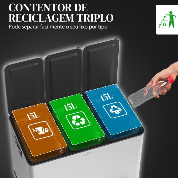 Balde de Lixo de Cozinha com 3 Compartimentos 3x15L com Pedais Tampas com Fechamento Suave e Cubo Amovível Prata
