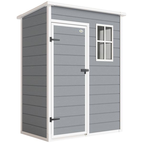 Abrigo de Jardim 1,14 m² 151x92x193 cm Abrigo de Exterior Metálico com Chão Porta de Correr Janela e Teto Inclinado Cinzento